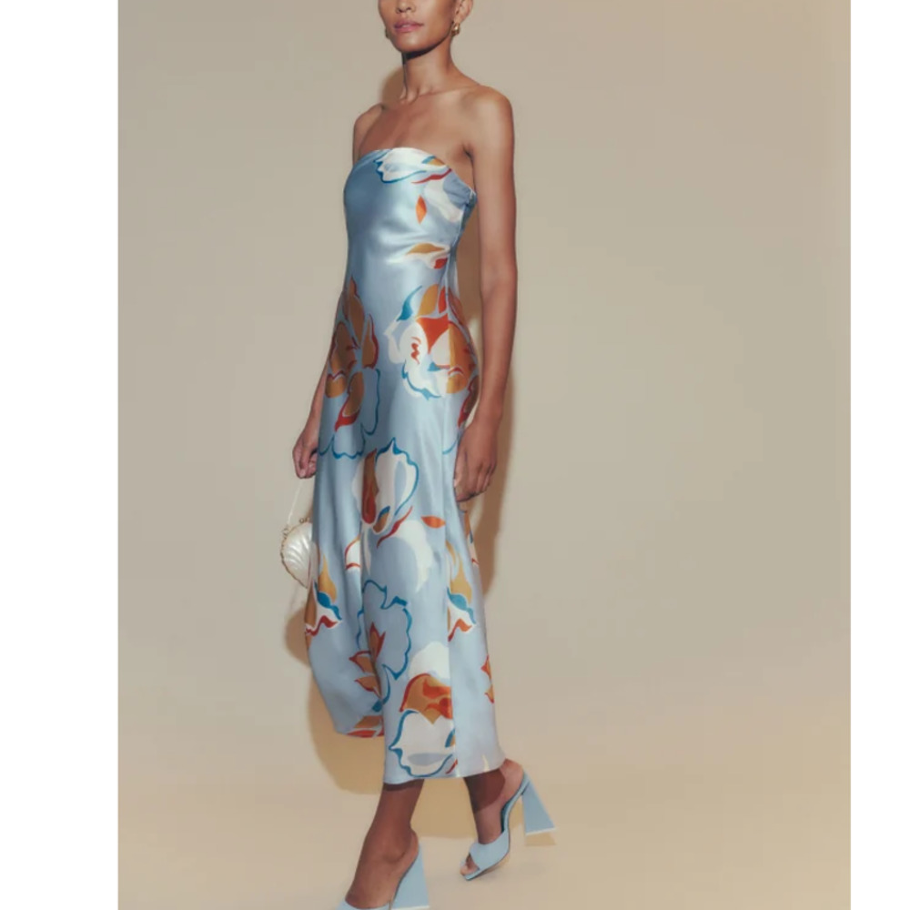 Reformation Joanne Silk Charmeuse Hyperion Floral Dress 8 NEW Strapless Maxi